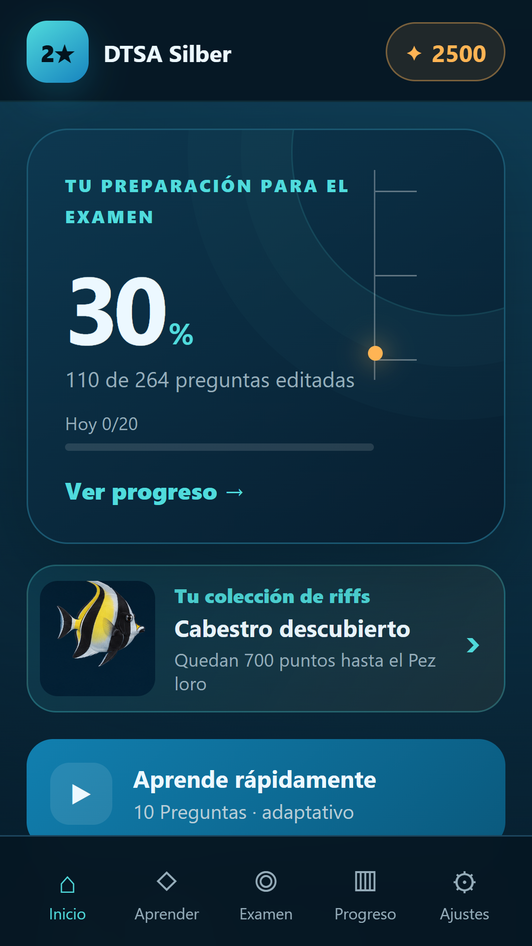 Aplicación Plata: selección de temas y progreso